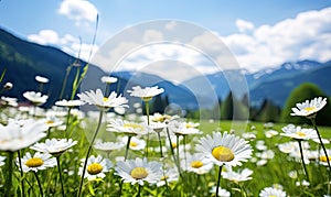 Close-up vast field of delicate white daisies under a clear sky, with towering alpine mountains in the backdrop. Created by AI