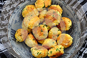 Close up vegan food, fried tofu ball in yellow for vegetarian meal