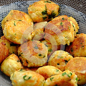 Close up vegan food, fried tofu ball in yellow for vegetarian meal