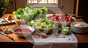 close-up of vegetables, lots of vegetables on the table, vegetables in a restaurant, fresh vegetables on wooden table