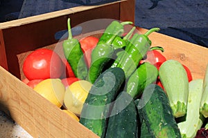 close-up of vegetables in a wooden box