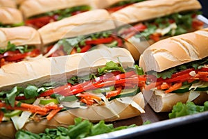 close-up of veggie subs with green and red peppers