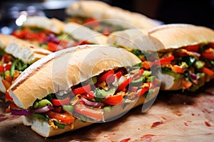 close-up of veggie subs with green and red peppers