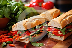 close-up of veggie subs with green and red peppers