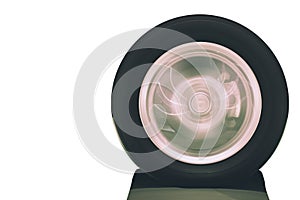 Close up of vehicle wheel rotation on road with blurry motion on white background