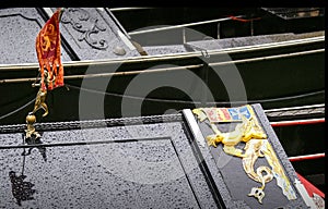 Close-up of a Venetian gondola in the rain