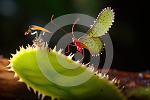 close-up of venus flytrap luring an unsuspecting fly