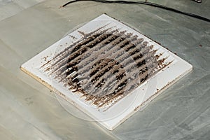 Close-up of a very dirty kitchen exhaust fan. Fan before preventive cleaning and washing