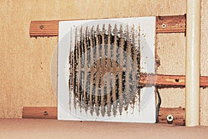 Close-up of a very dirty kitchen exhaust fan. Fan before preventive cleaning and washing