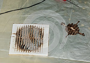 Close-up of a very dirty kitchen exhaust fan. Fan before preventive cleaning and washing. Dirty details