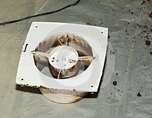 Close-up of a very dirty kitchen exhaust fan. Fan before preventive cleaning and washing. Dirty details