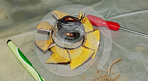 Close-up of a very dirty kitchen exhaust fan. Fan before preventive cleaning and washing. Dirty details