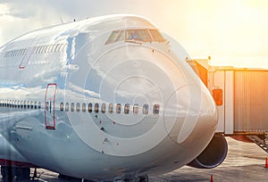 Close-up of very large wide-body airplane being prepared for towing, with tow-truck connected.