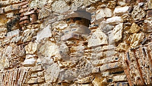 Close up of a very old stone and brick wall