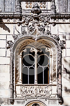Close up of a very ornate window in the Regaleira Palace.