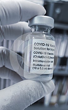 Close up Vial of COVID-19 vaccines for intramuscular injection in people to protected from COVID-19 diseases, world crisis.