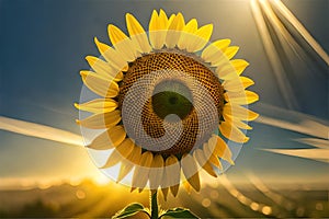 A close-up of a vibrant, blooming sunflower, its petals kissed by sunlight