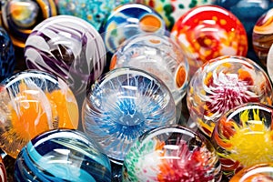 close-up of vibrant blown glass paperweights photo