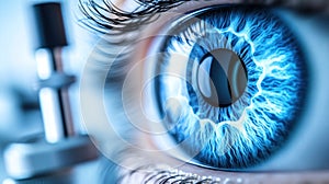 Close-up of a vibrant blue eye, likely during an examination