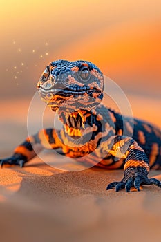 Close up of a Vibrant Blue and Orange Lizard Basking in the Golden Light of Sunset on Sandy Terrain