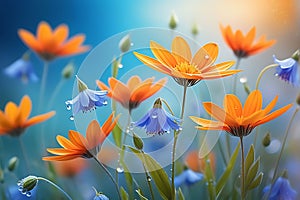Close-up of a Vibrant Bouquet of Wildflowers: Abstract Blurred Background Transitioning from Cool Blues to Warm Hues