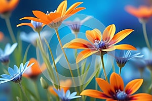 Close-up of a Vibrant Bouquet of Wildflowers: Abstract Blurred Background Transitioning from Cool Blues to Warm Hues