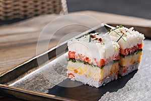 a close up of vibrant causa rellena