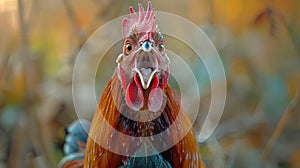 Close up of a vibrant and colorful rooster crowing loudly with its beak wide open