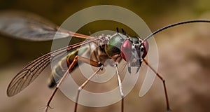 Close-up of a vibrant dragonfly with striking red eyes