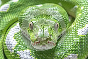 Close up of a vibrant emerald snake in the lush jungle setting for detailed observation