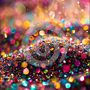 Close-up of vibrant glitter particles in shallow depth of field