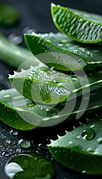 Close up of vibrant green aloe vera leaves with glistening water droplets fresh and captivating