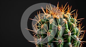 Close-up of a vibrant green cactus with sharp spines against a dark background