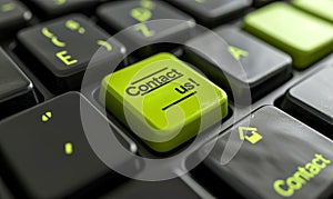 Close up of a vibrant green Contact us! key on a computer keyboard, symbolizing customer service support, digital