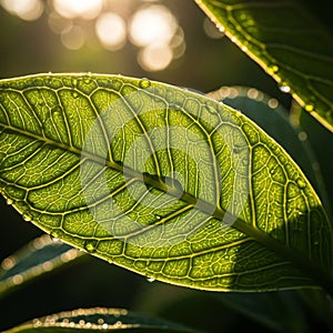 Softly blurred, emphasizing the leaf's texture and structure. The