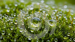 Close-up of vibrant green moss (Bryophyta) covered in numerous translucent water droplets. The