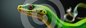 Close-up of a vibrant green tree python resting against a dark background