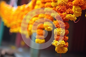 close-up of vibrant marigold flowers strung together for diwali