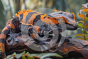 Close Up of a Vibrant Orange and Black Gecko Resting on a Branch in a Lush Forest Environment