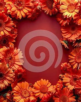 Close Up of Vibrant Orange Gerbera Daisies Arranged in a Border on a Red Background Perfect for Nature, Floral, and Spring Themed