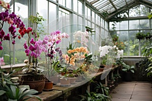 close-up of vibrant orchids in greenhouse, with windows and doors visible