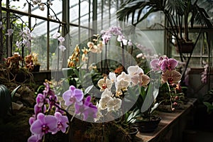 close-up of vibrant orchids in greenhouse, with windows and doors visible