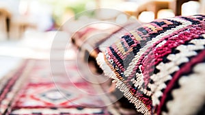Close-up of vibrant, patterned cushions and rugs
