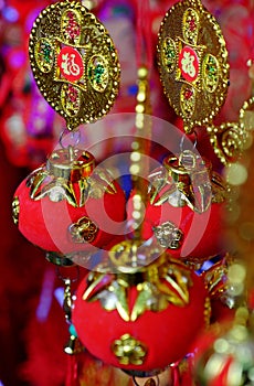 Close up of vibrant red ornaments for Tet at decoration shop, Vietnam