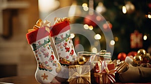 A close-up of a vibrant red St. Nicholas Day stocking hanging by the fireplace. The stocking is beautifully embroidered with