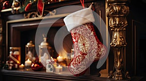 A close-up of a vibrant red St. Nicholas Day stocking hanging by the fireplace. The stocking is beautifully embroidered with