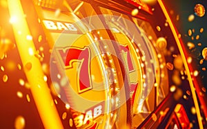 Close-up of a vibrant slot machine displaying a jackpot win with glowing lights and golden coins.