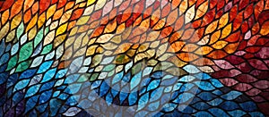 A close up of a vibrant stained glass window showcasing a rainbow of colors