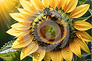 Close-Up of a Vibrant Sunflower with Droplets of Morning Dew on its Bright Yellow Petals, Bumblebee in Flight