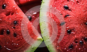 Close-up of vibrant watermelon slices against a dark backdrop. Created by AI